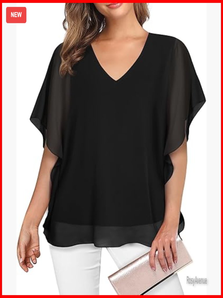 Loose Flutter Sleeve Double-Layered Chiffon Blouse Tunic Top